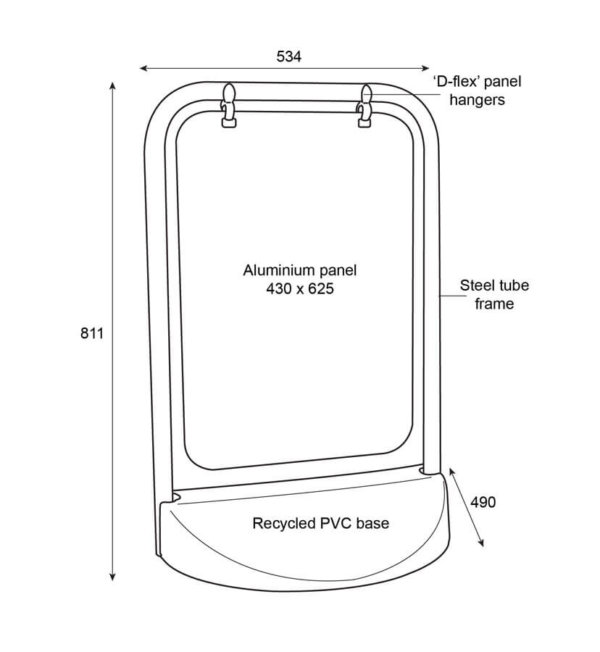 A diagram showing the dimensions of the Eco-Flex pavement swing sign