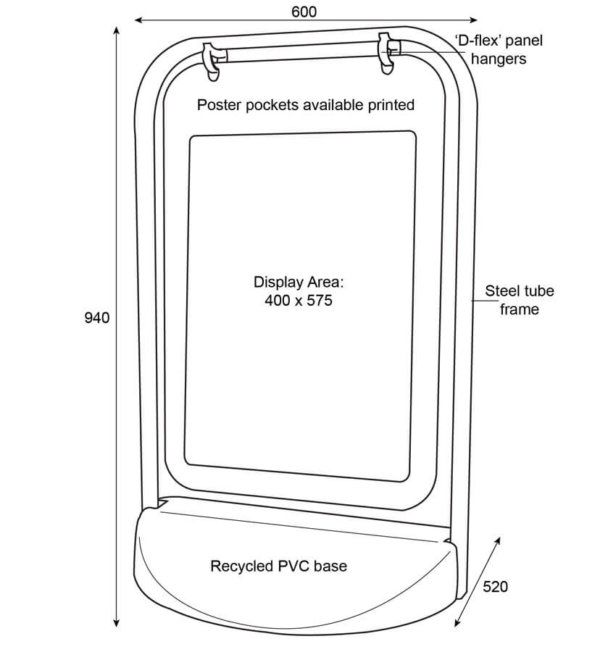 A diagram of the The Eco-Swing 2000 Poster showing dimensions