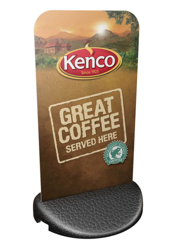 A photo of an Eco-flex pavement sign with Kenco artwork