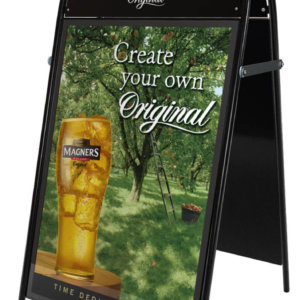 A photo of a Booster Pavement A-board Sign with Magners artwork