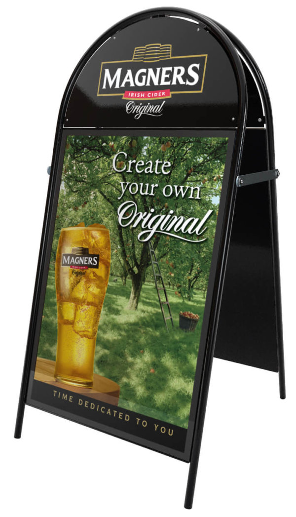 A photo of a Booster Pavement A-board Sign with Magners artwork