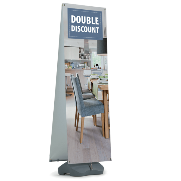 A weighted outdoor banner stand displaying discount pvc banner