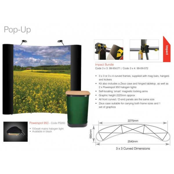 Diagram showing the dimensions and content of the impact pop up display bundle