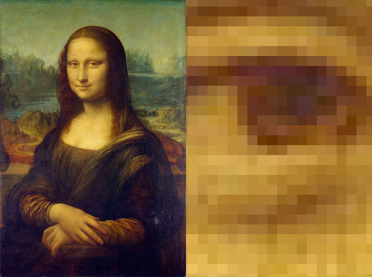 A split image of The Mona Lisa and a zoomed in section of her eye, showing how the image is built up of millions of tiny coloured squares (pixels).