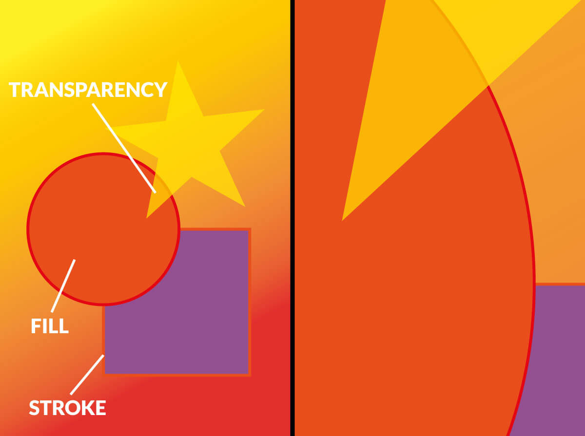 A split image of a vector file. Zoomed out on the left, zoomed in on the right.