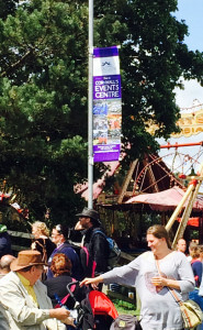 A photo of a purple lamp post banner produced for the Royal Cornwall Show