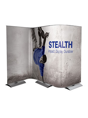 Stealth exhibition stand with 3 base units and 2 flexi panels