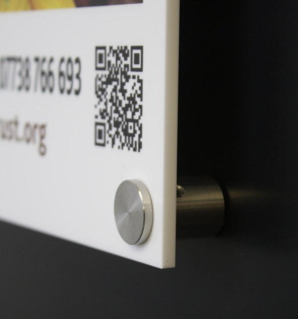 Image displaying a printed 5mm thick acrylic sign with stainless steel post mounts