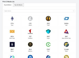 A screenshot of the Print 2 Media cryptocurrency payment page where you choose your altcoin