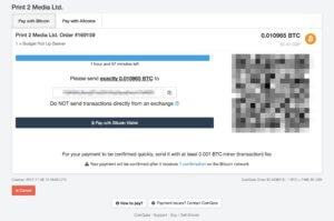 A screenshot of Print 2 Media's cryptocurrency payment page
